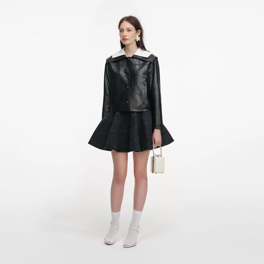 Black Leather Contrast Collar Jacket
