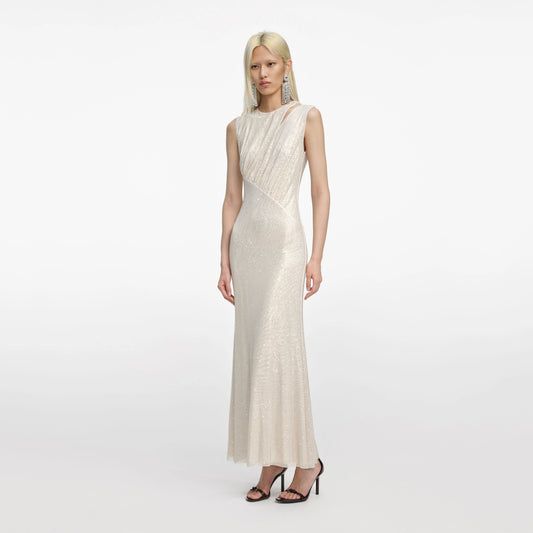 Champagne Rhinestone Cut Out Midi Dress