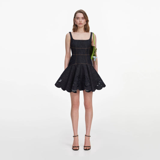 Indigo Denim Bow Embroidered Mini Dress
