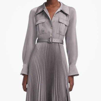 Grey Satin Pleated Maxi Dress