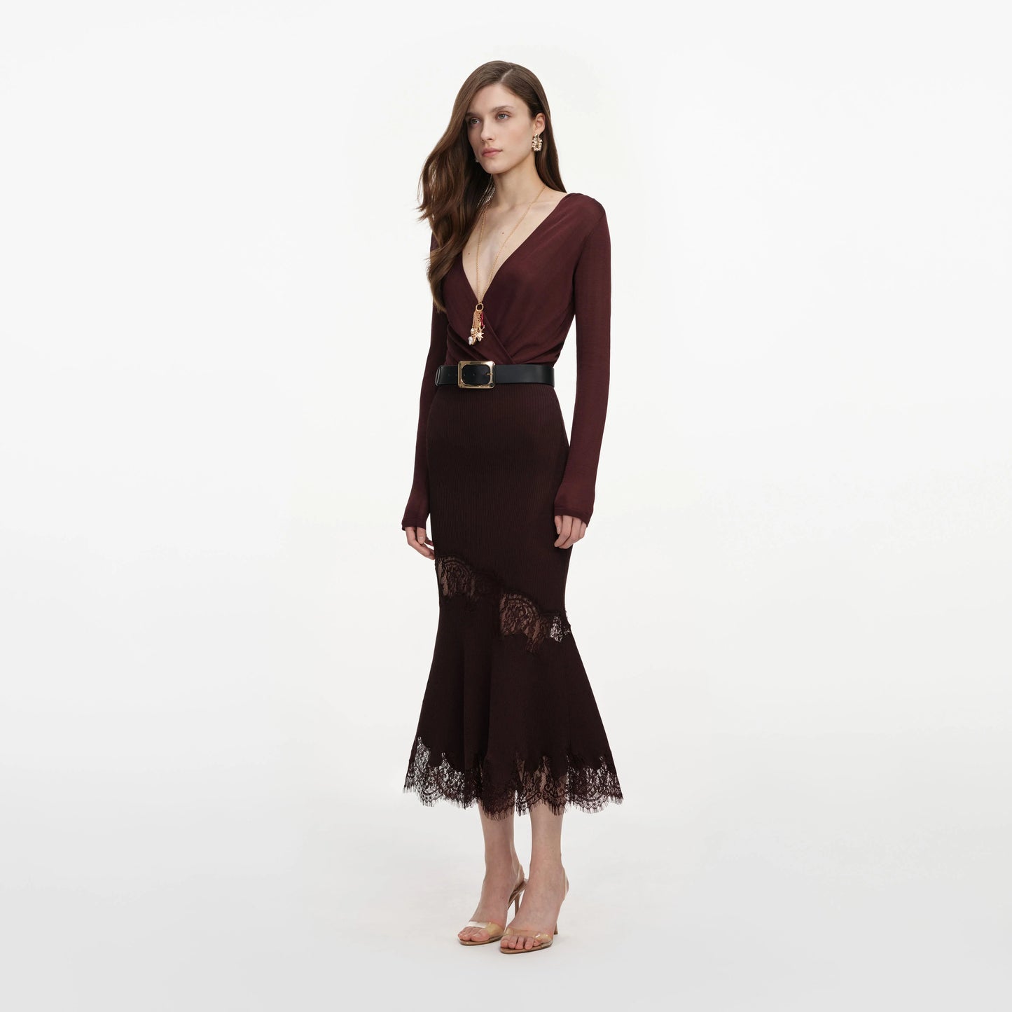 Brown Ribbed Knit Midi Skirt