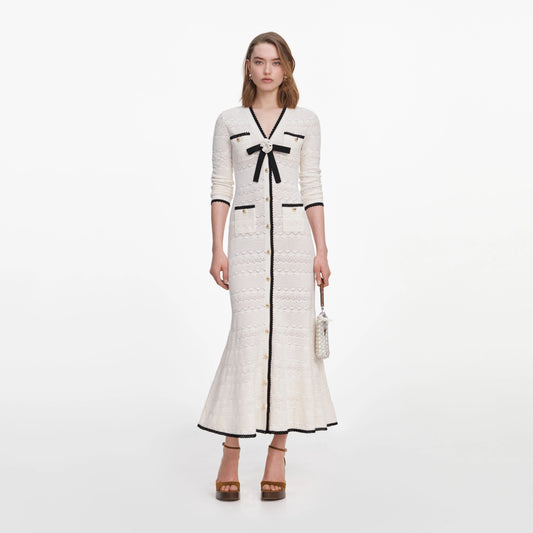 White Pointelle Knit Long Cardigan