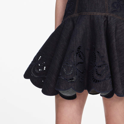 Indigo Denim Bow Embroidered Mini Dress