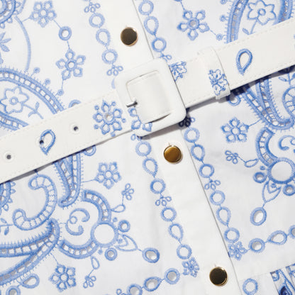 White And Blue Embroidered Midi Dress