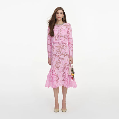 Pink Lace Crystal Embellished Midi Dress