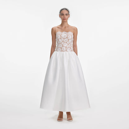 White Lace Taffeta Maxi Dress