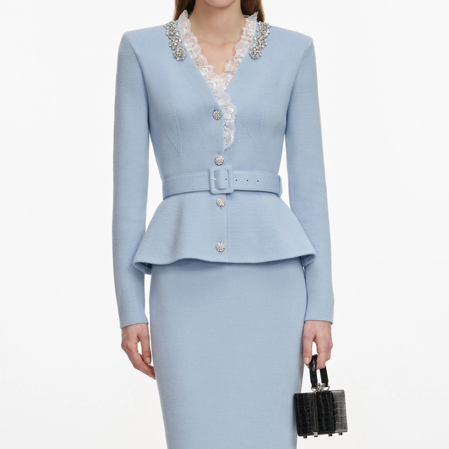 Blue Crystal Trim Knit Midi Dress