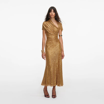 Gold Rhinestone Drape Midi Dress