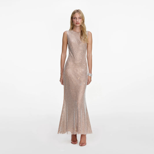 Silver Rhinestone Mesh Midi Dress