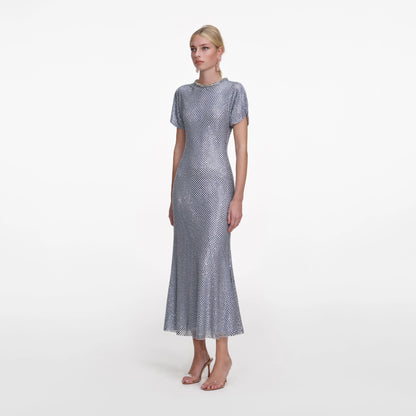 Blue Rhinestone Mesh Midi Dress