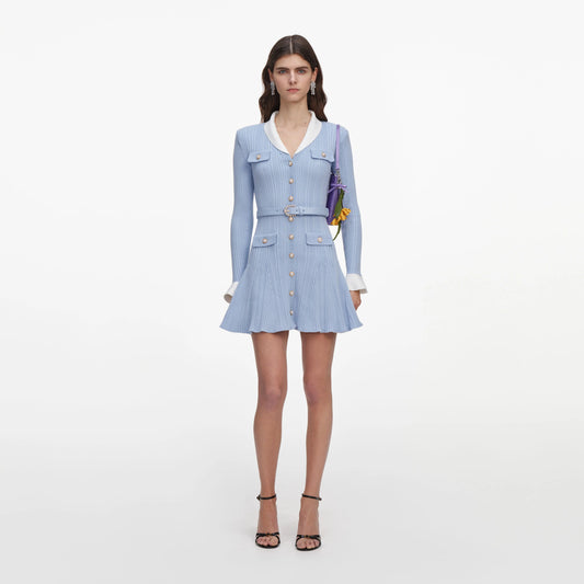 Blue Ribbed Knit Mini Dress