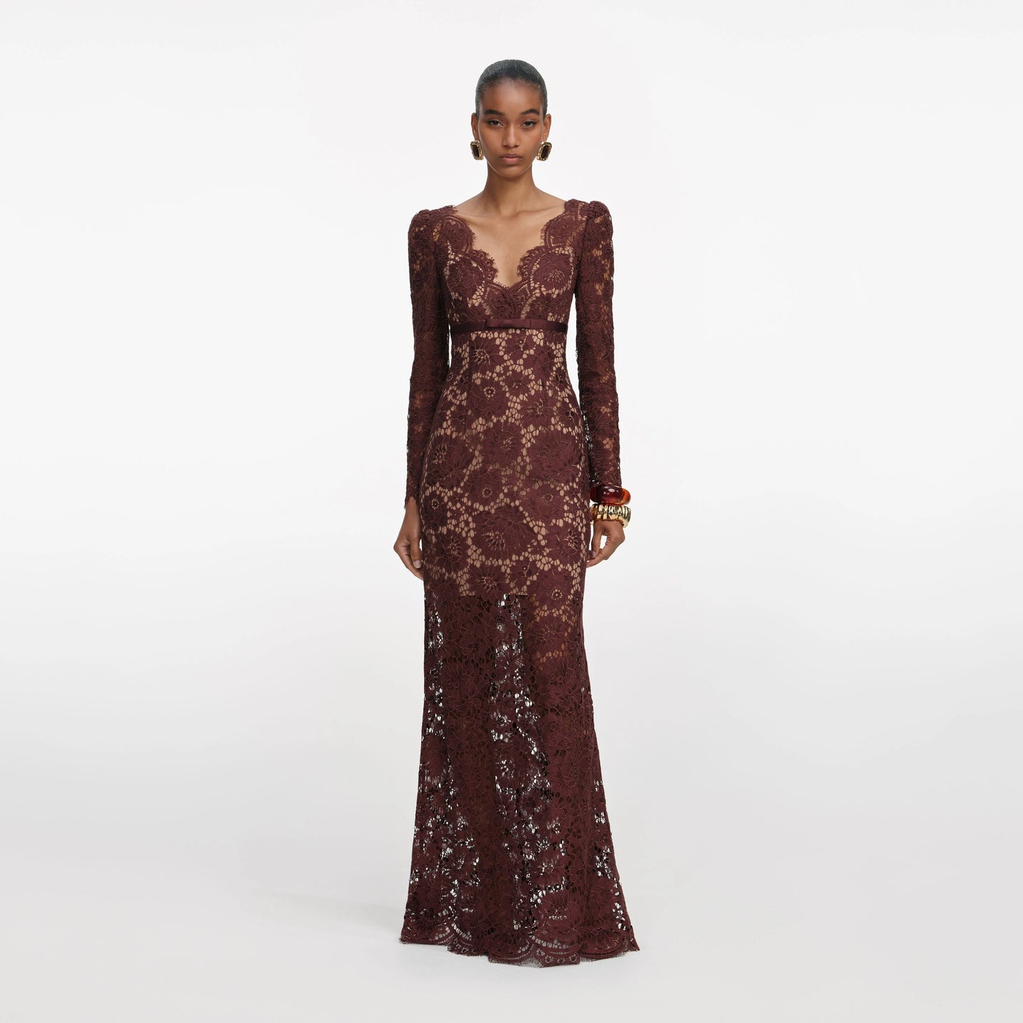 Brown Floral Lace Maxi Dress