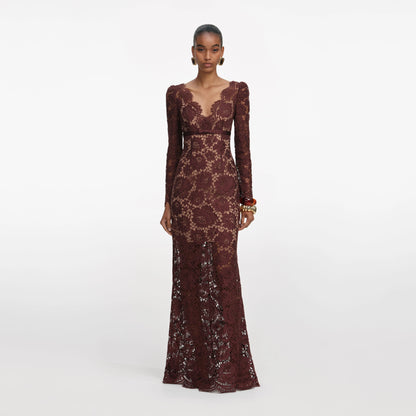 Brown Floral Lace Maxi Dress