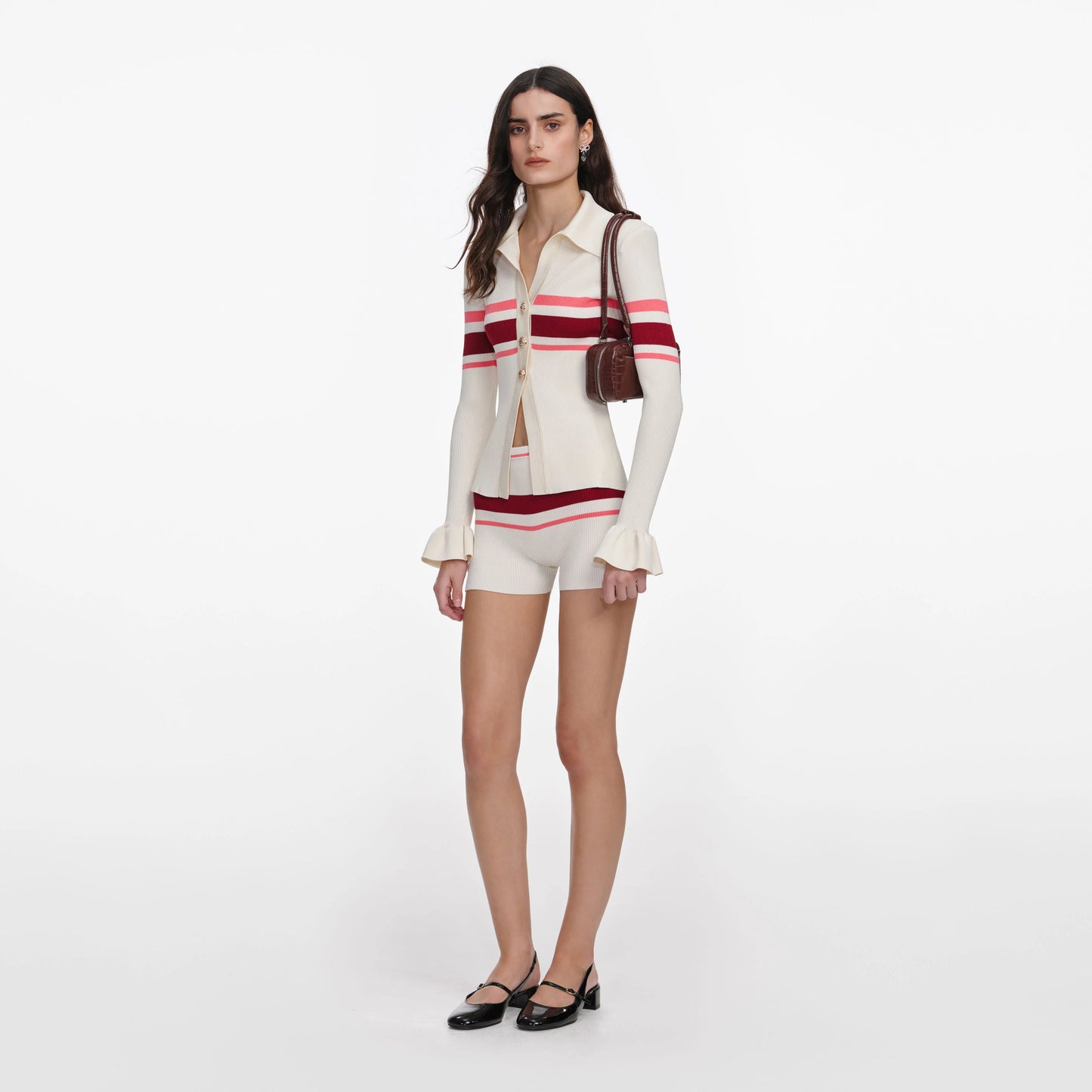 Cream Stripe Viscose Knit Button Top