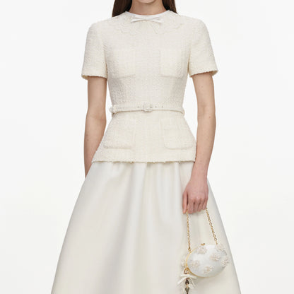 Cream Boucle Taffeta Midi Dress
