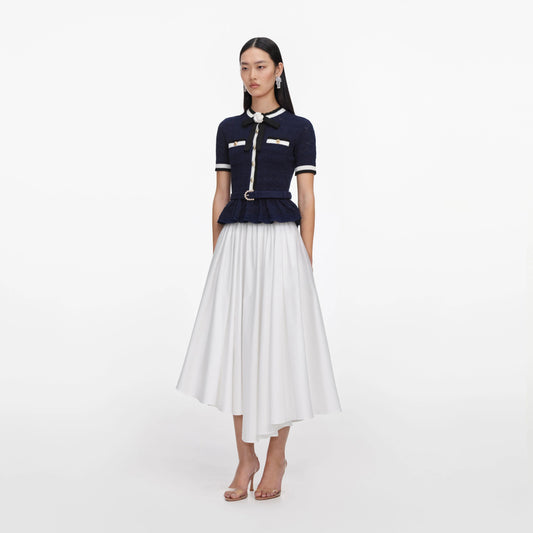 Navy Peplum Pointelle Knit Top