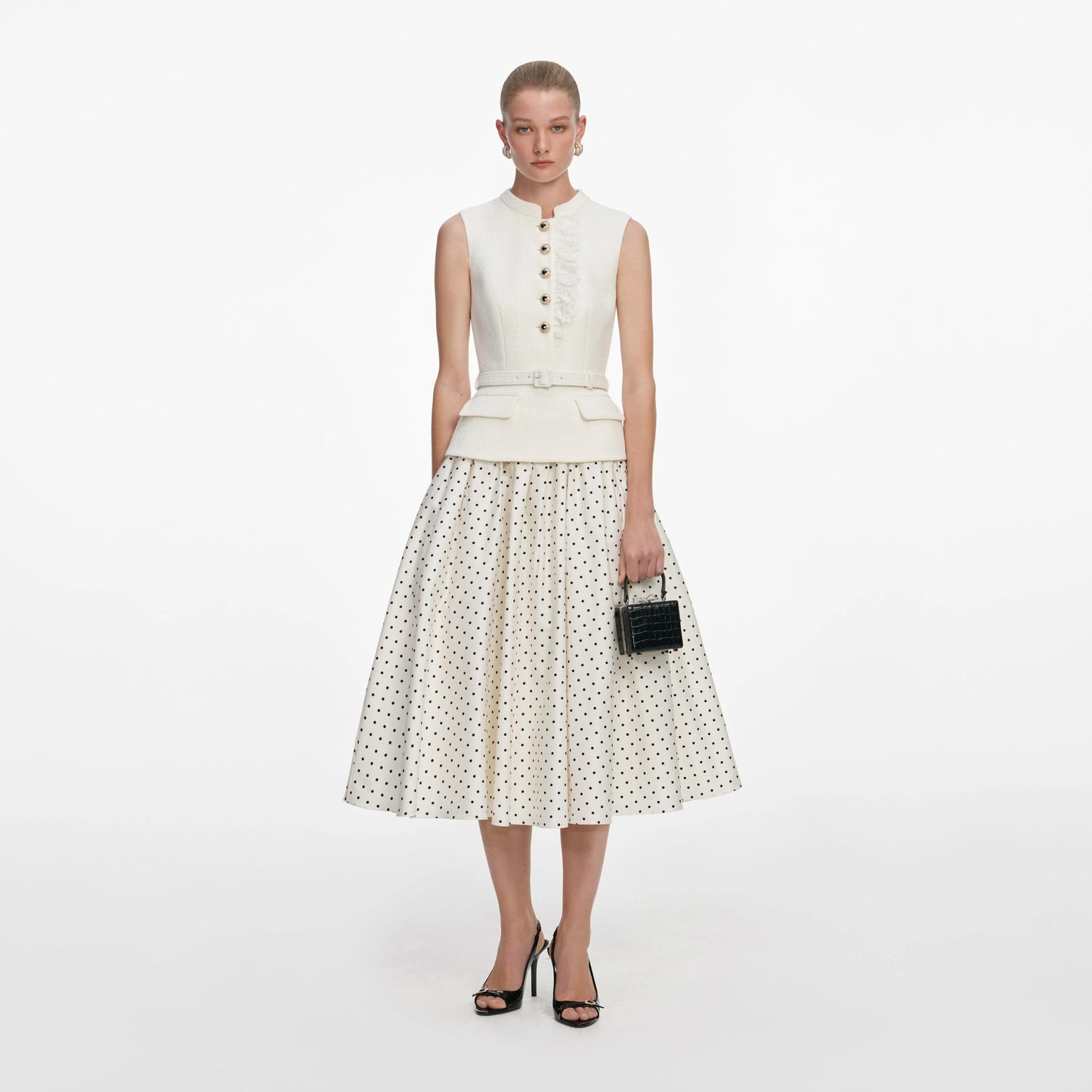 Cream Boucle Polka Dot Midi Dress