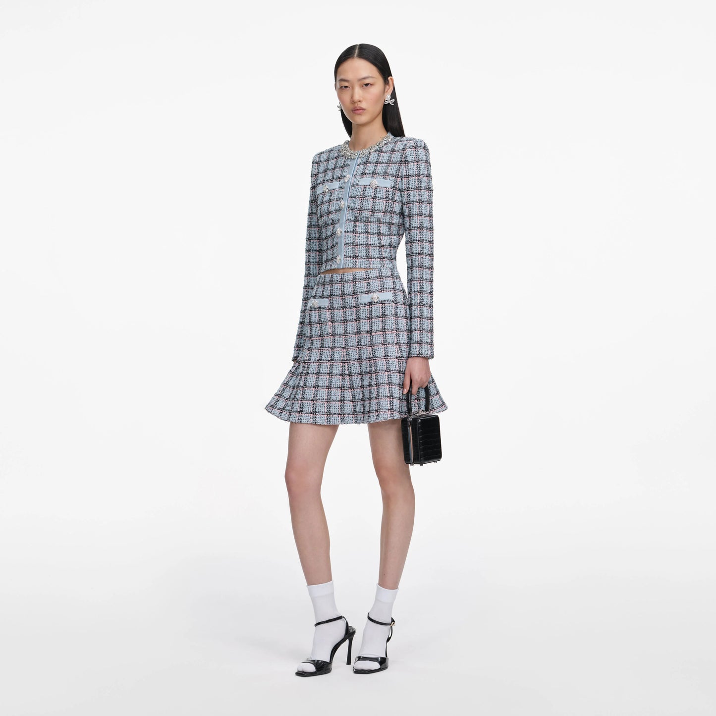 Blue Check Knit Mini Skirt