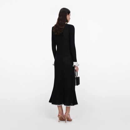 Black Lace Trim Knit Midi Dress