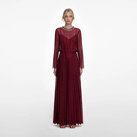 Burgundy Organza Lace Maxi Dress