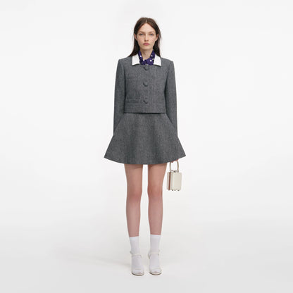 Grey Herringbone Scarf Detail Jacket