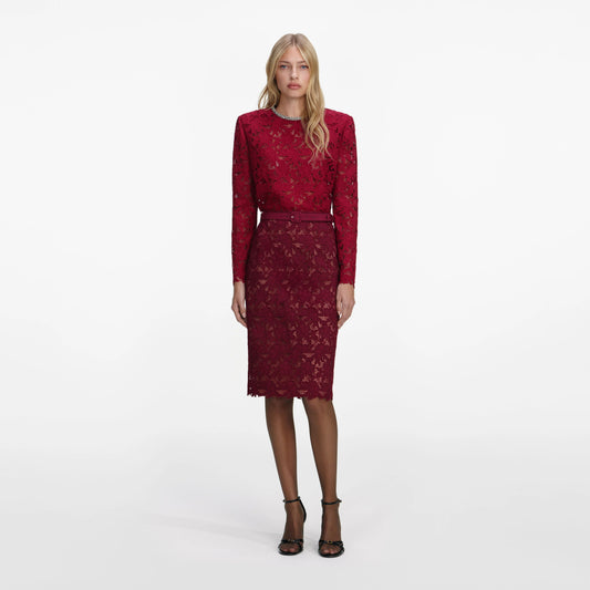 Burgundy Guipure Lace Midi Skirt