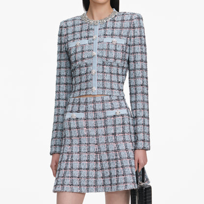 Blue Check Knit Mini Skirt