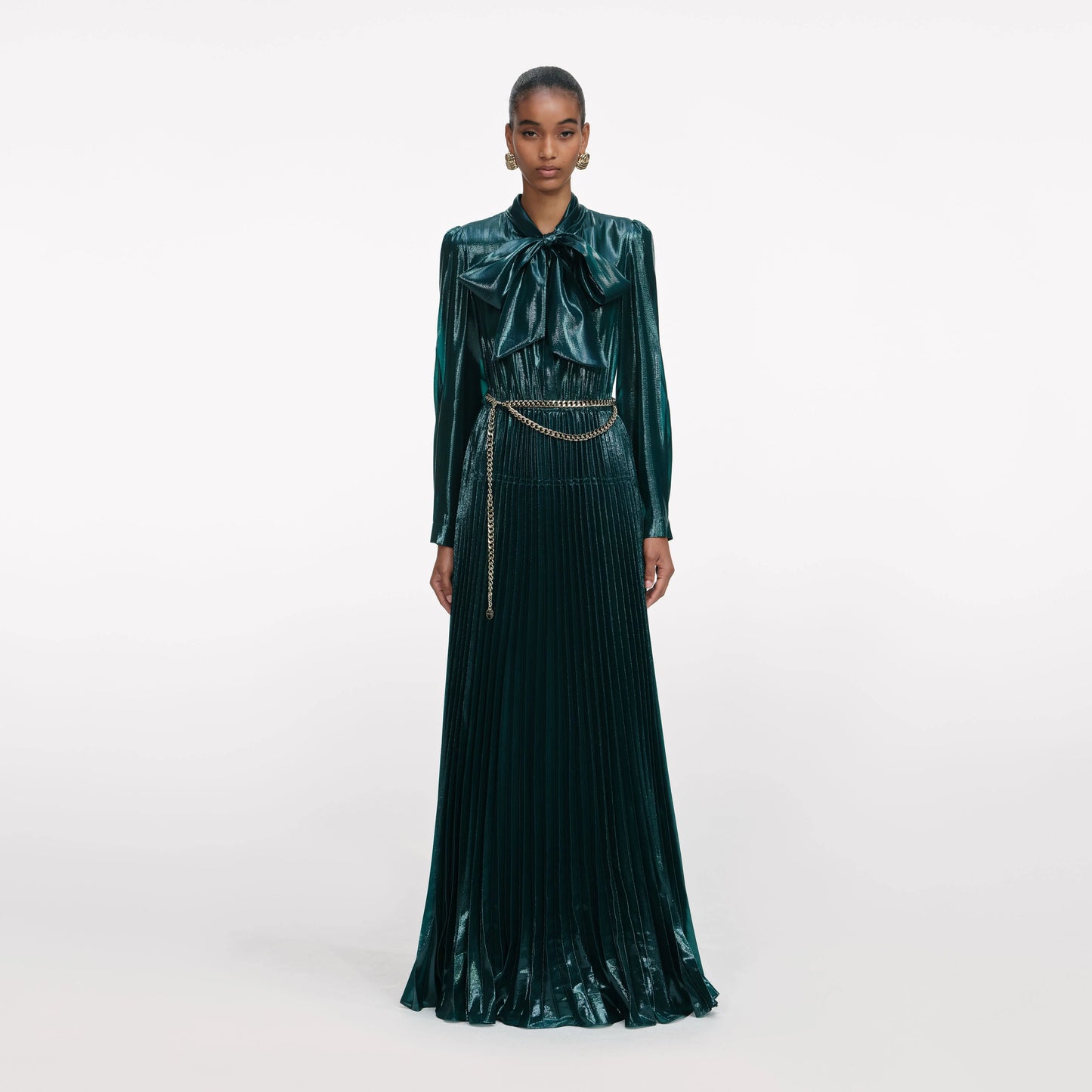 Green Metallic Tie Neck Maxi Dress