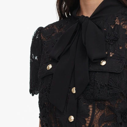 Black Lace Tie Neck Top