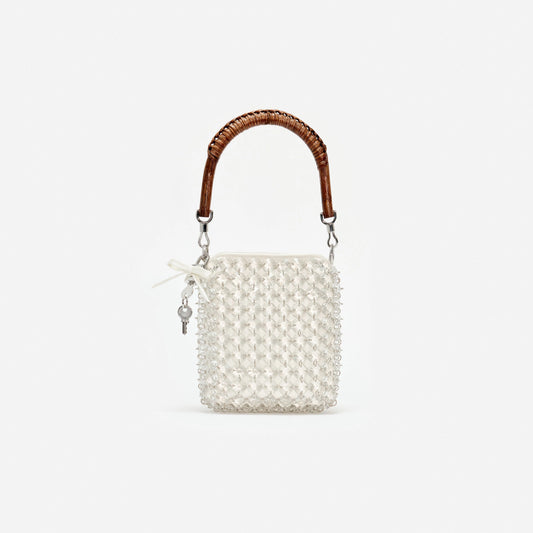 Cream Crystal Chain Mini Tote Bag