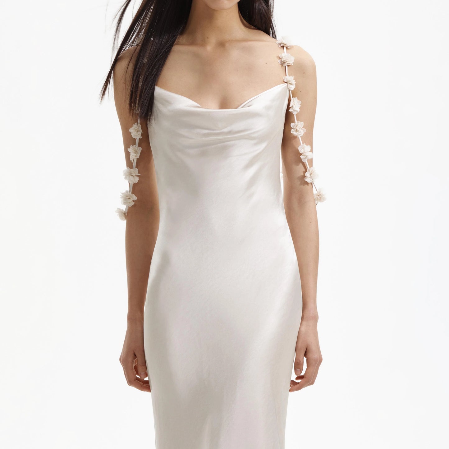 Champagne Satin Flower Maxi Dress