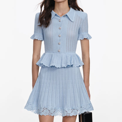 Blue Pointelle Peplum Knit Mini Dress