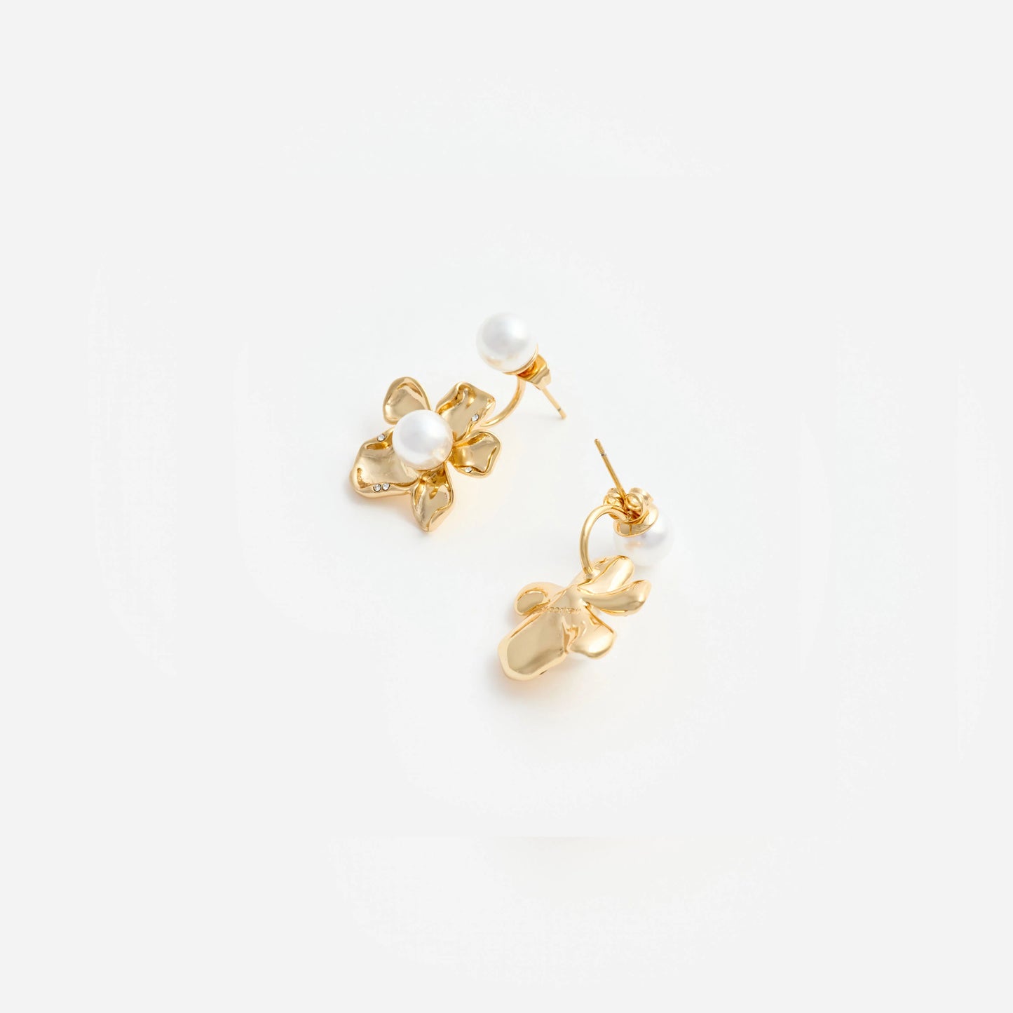Gold Flower Pearl Jacket Earrings