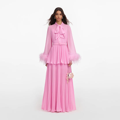 Pink Georgette Feather Cuff Maxi Dress