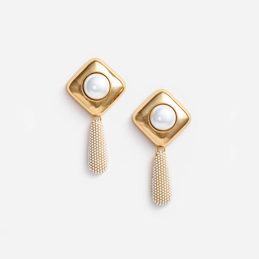 Gold Pearl Crystal Bar Earrings