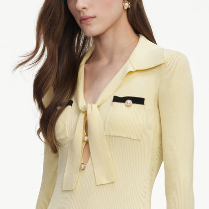 Yellow Viscose Knit Tie Midi Dress