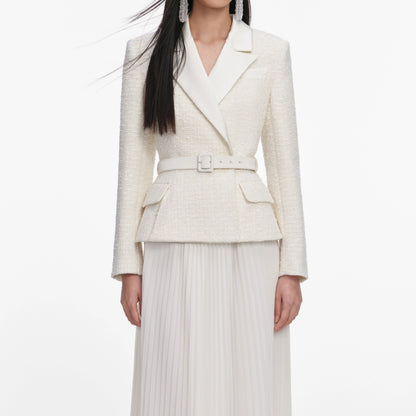 Cream Tailored Boucle Chiffon Maxi Dress