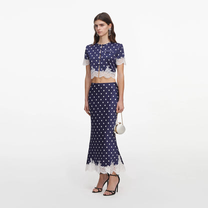 Navy Polka Dot Satin Midi Skirt