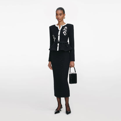 Black Floral Textured Knit Midi Dress
