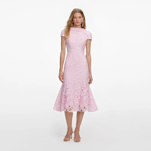 Pink Lace Scoop Back Midi Dress