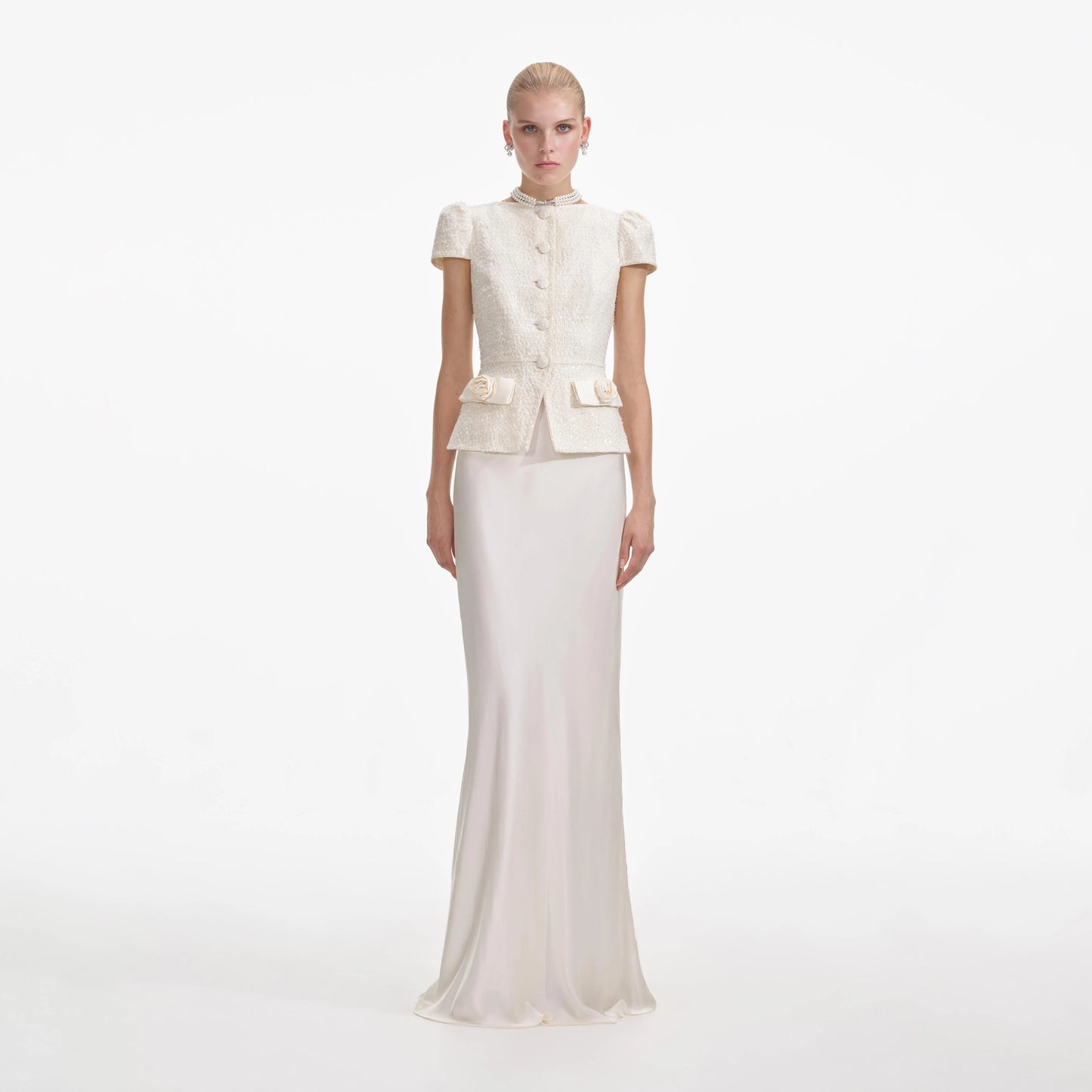 Cream Boucle Bow Detail Maxi Dress