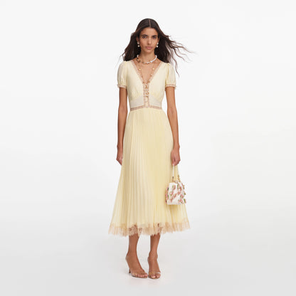 Yellow Viscose Pleated Lace Midi Dress