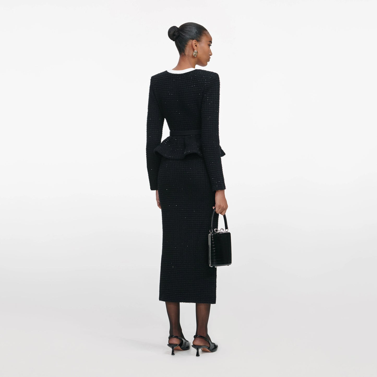Black Floral Textured Knit Midi Dress