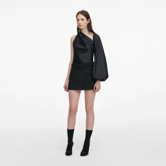 Black Taffeta Draped Sleeve Top