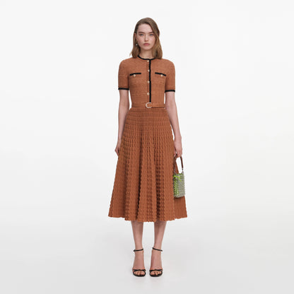 Brown Pointelle Knit Midi Dress