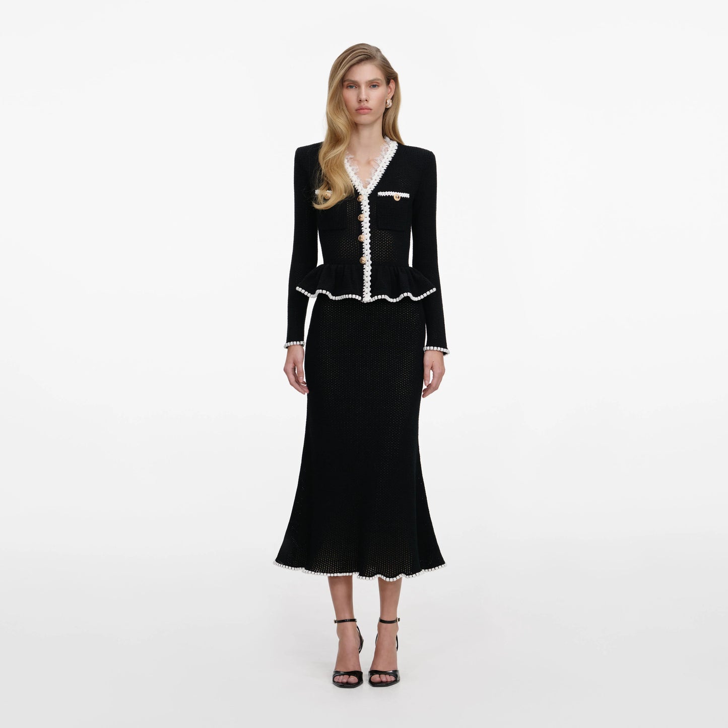 Black Lace Insert Peplum Knit Midi Dress