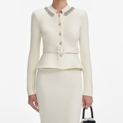 Cream Wool Peplum Knit Midi Dress