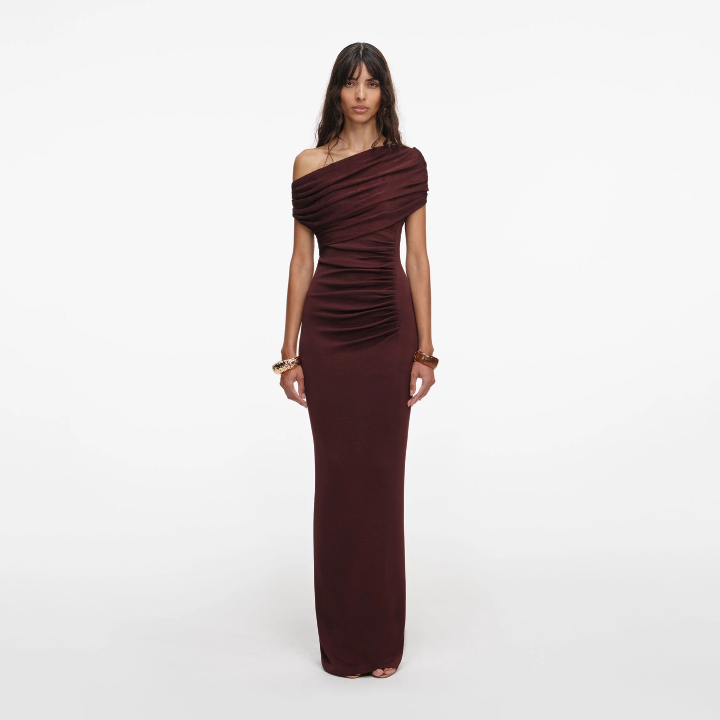 Brown Draped Knit Midi Dress