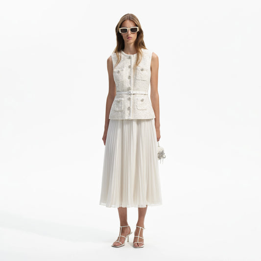 Cream Sequin Boucle Tailored Midi Dress