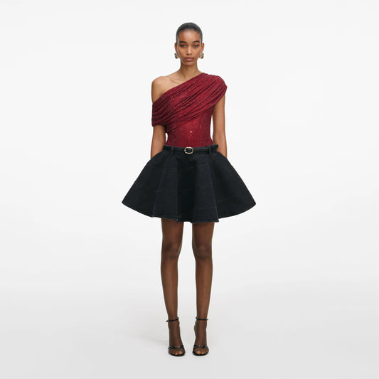 Black Flared Denim Mini Skirt
